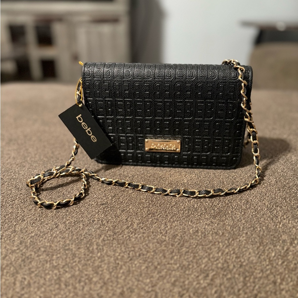 Bebe Black Quilted Crossbody Bag with Gold Chain
